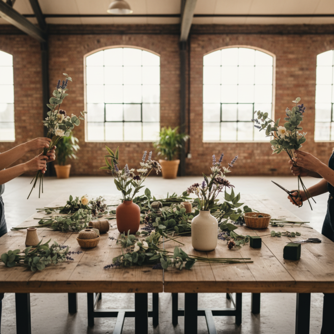 Collega's werken rond een houten tafel samen aan landelijke arrangementen met kunstbloemen.