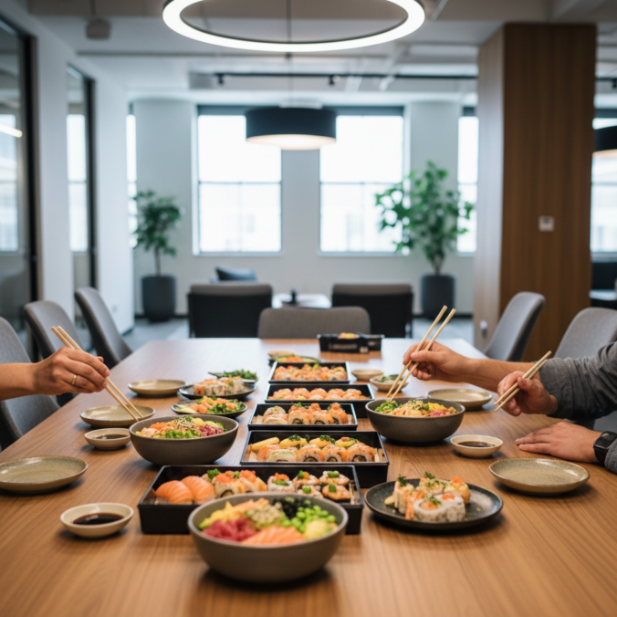 Een team deelt sushi en poke bowls tijdens een informele gezamenlijke lunch op kantoor.